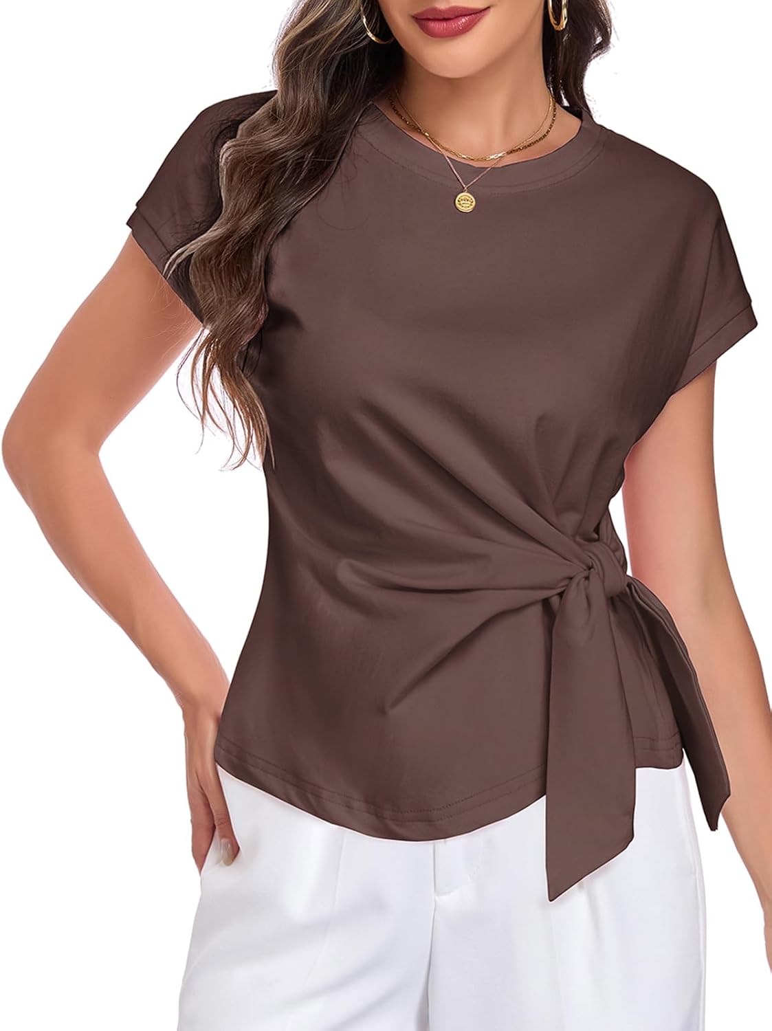 HOTIAN Womens Cap Sleeve T Shirts Tie Waist Tops Crew Neck Blouses Dressy Casual Loose Work Business Tees - Image 5