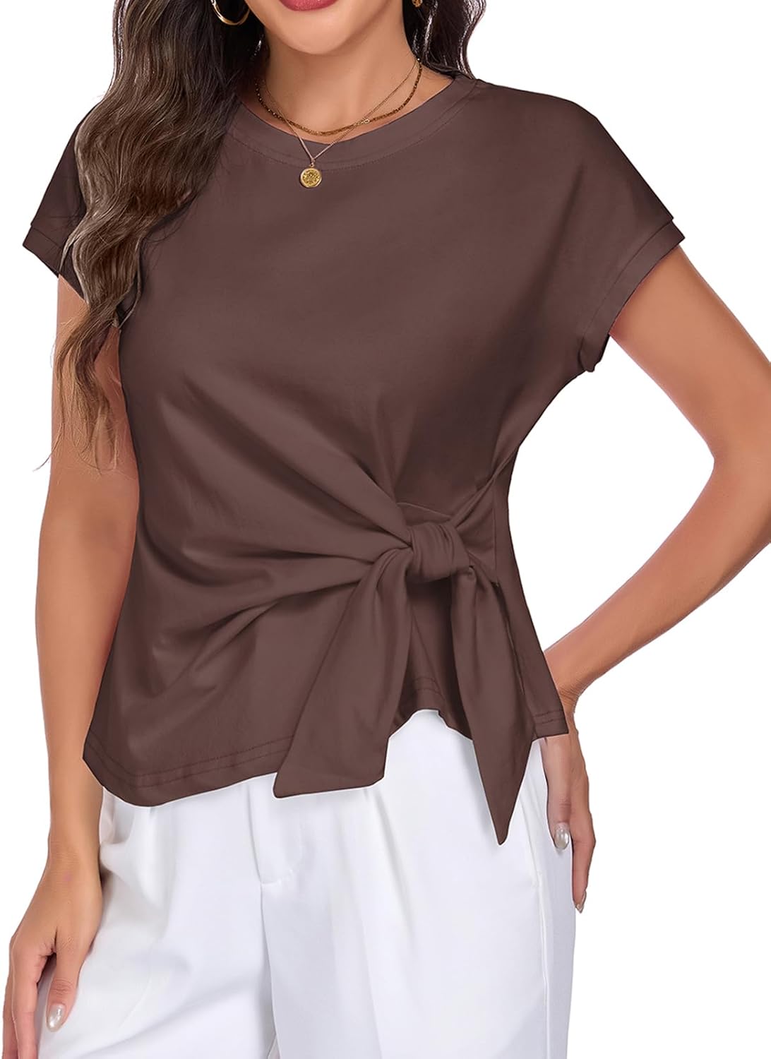 HOTIAN Womens Cap Sleeve T Shirts Tie Waist Tops Crew Neck Blouses Dressy Casual Loose Work Business Tees - Image 4