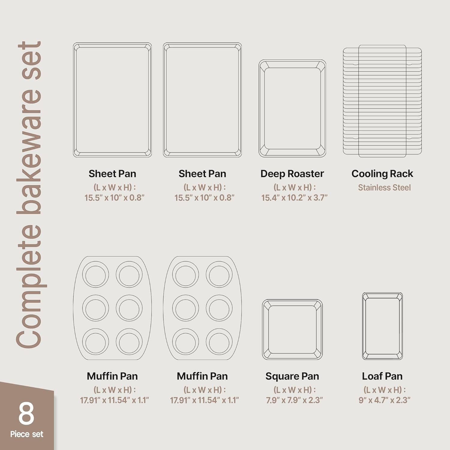 Bakken 8-Piece Ceramic Coated Bakeware Sets, Nonstick Aluminized Steel Pans with Muffin, Loaf, Cake, Roasting Pan, & Cooling Rack, Oven Safe Up To 500°F, Dishwasher Safe, BPA, PTFE & PFAS Free, Black - Image 2