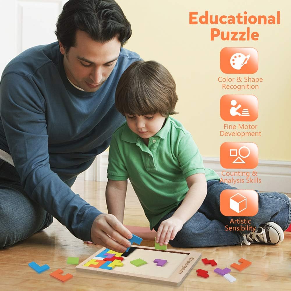 Coogam Wooden Blocks Puzzle Brain Teasers Toy Tangram Jigsaw Intelligence Colorful 3D Russian Blocks Game STEM Montessori Educational Gift for Kids (40 Pcs) - Image 2