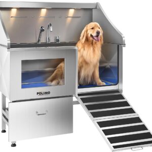 POLIMO Dog Washing Station with LED Display 50″ (Right Ramp), 304 Stainless Steel Dog Bathtub for Large Medium Small Dogs, Professional Grooming Tub with Faucet, Storage Drawer, Floor Grate, Window