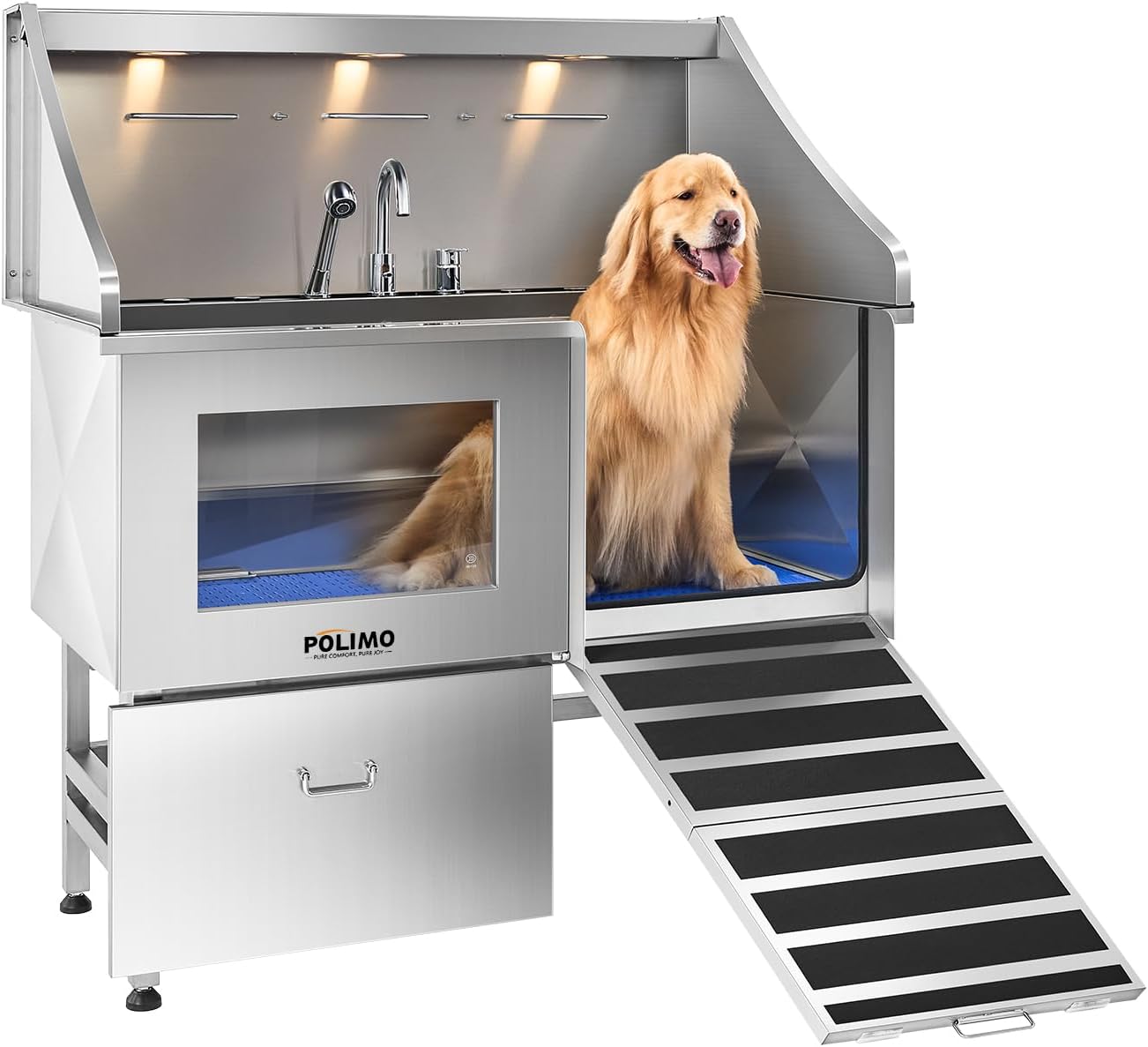 POLIMO Dog Washing Station with LED Display 50" (Right Ramp), 304 Stainless Steel Dog Bathtub for Large Medium Small Dogs, Professional Grooming Tub with Faucet, Storage Drawer, Floor Grate, Window