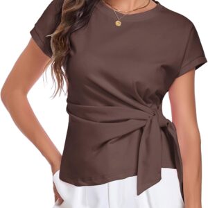 HOTIAN Womens Cap Sleeve T Shirts Tie Waist Tops Crew Neck Blouses Dressy Casual Loose Work Business Tees
