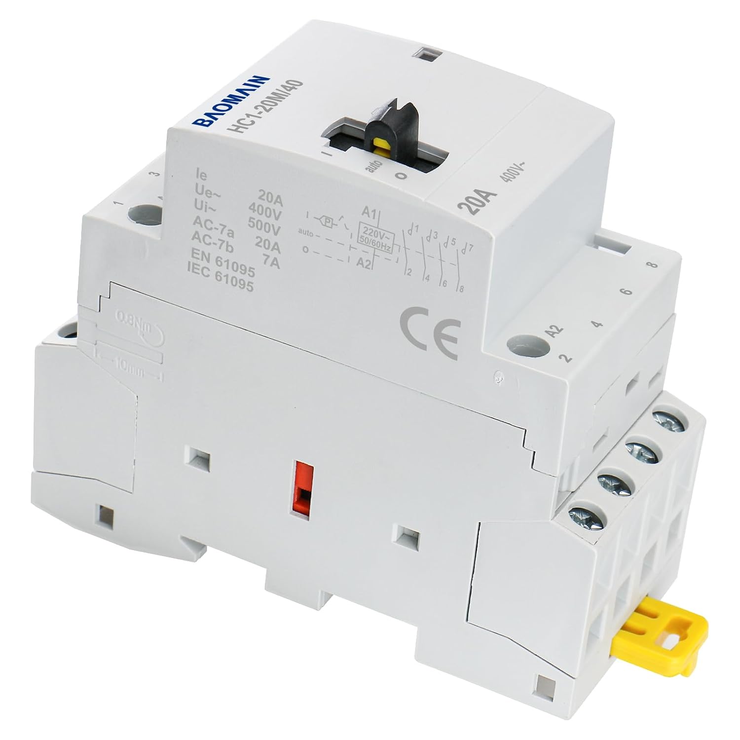 BAOMAIN 220V 4-Pole 20A Manual/Auto AC Contactor, 4NO, DIN Rail Mount | HC1-20M,4P Manual or Automatic Switchable,20Amp 4NO AC220V Contactor For HVAC,Motor,Pump,and Lighting Control - Image 4