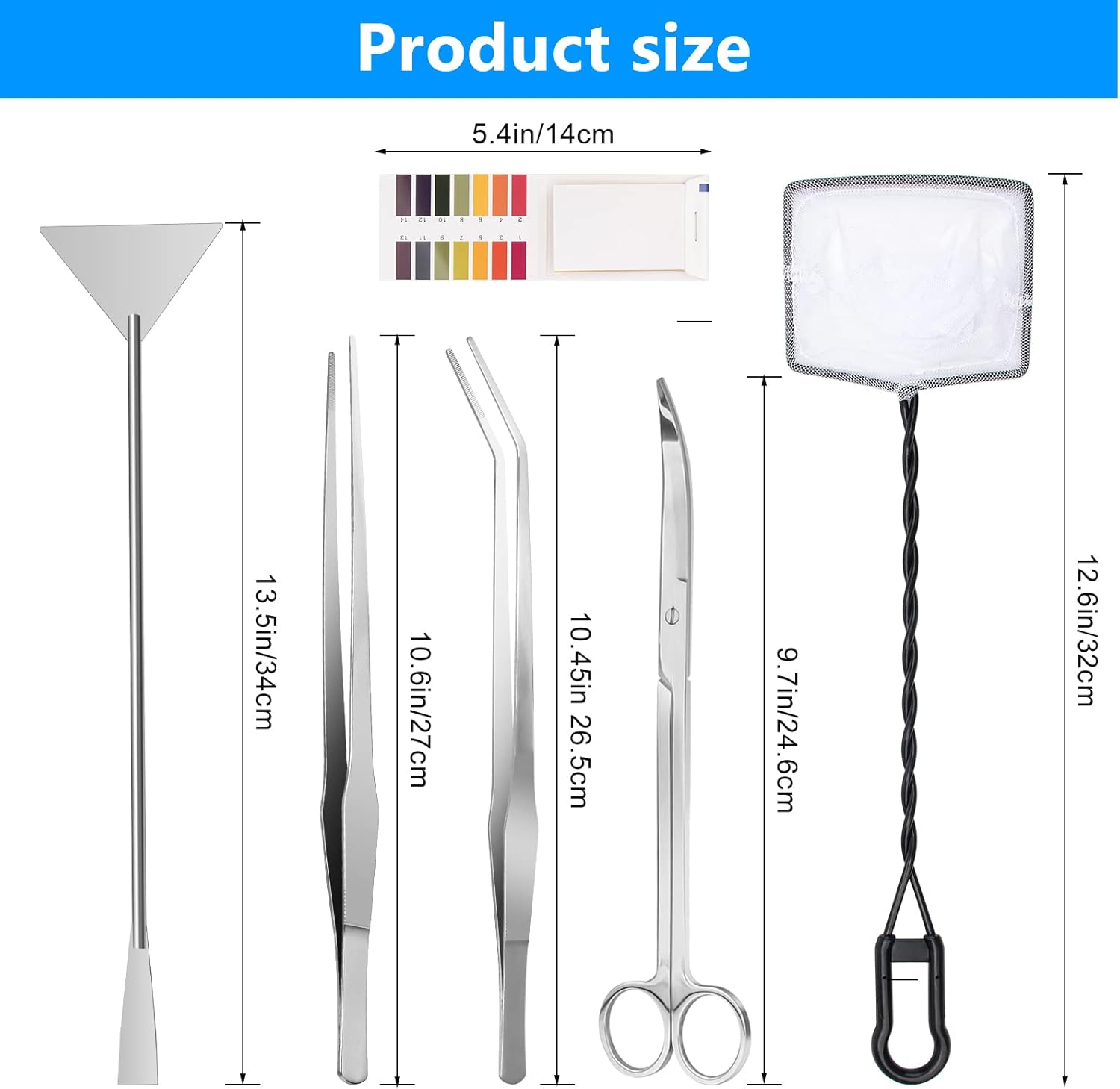 Luxiv Aquarium Aquascape Tools Kit, 6 in 1 A Aquatic Plant Aquascaping Tool Stainless Steel Tweezers Scissors Spatula for Aquarium Tank Clean Aquascape Tools with Fishing Net, 80P PH Paper - Image 2