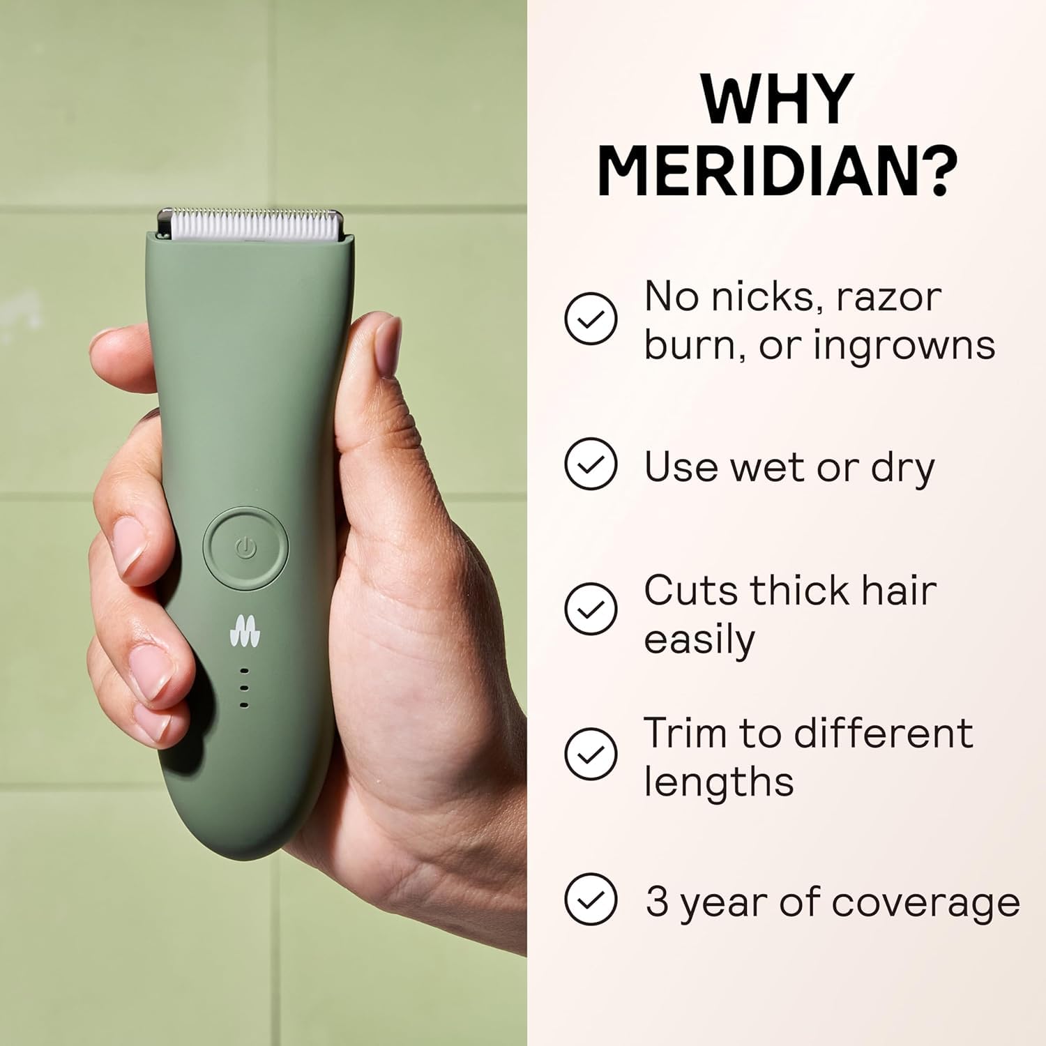 MERIDIAN The Trimmer Original - Body Hair Trimmer for Men, Electric Shaver for Pubic Hair, Chest, Legs & Bikini, Waterproof & Rechargeable, Sage - Image 2