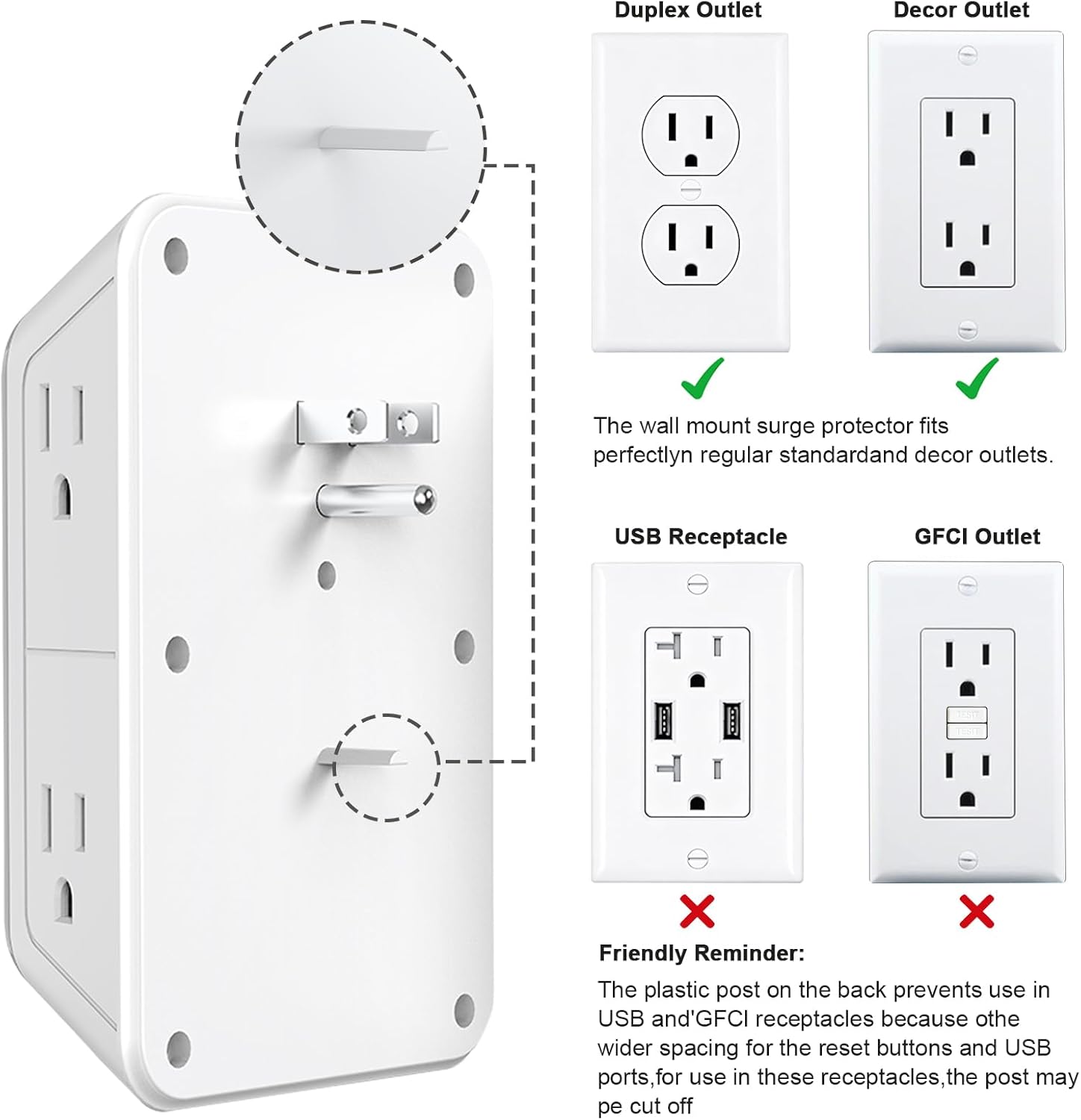 JcBlaon Outlet Extender Surge Protector - 6 Outlet Splitter with 4 USB Ports (2 USB C), Multiple Plug Expander Wall Charger, 3 Sided Multi Plug Wall Adapter Power Strip for Home Office Kitchen Travel - Image 7
