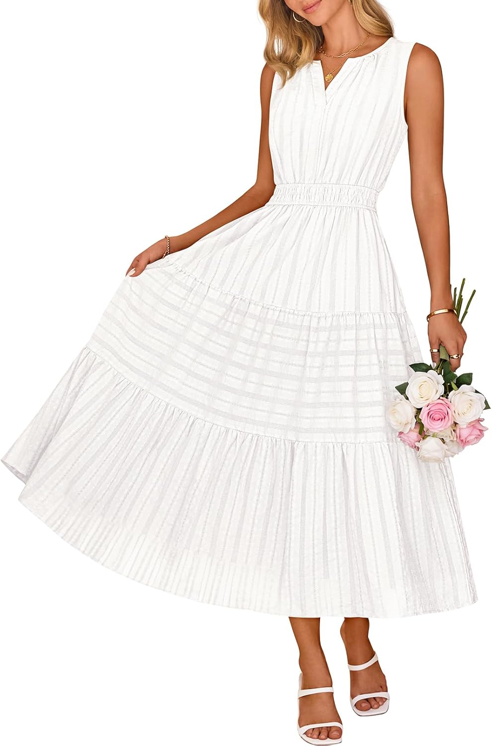 MEROKEETY Womens Summer Casual Midi Maxi Dress 2026 Beach Vacation Sleeveless Boho V Neck Cotton Modest Long Dresses Pockets - Image 2