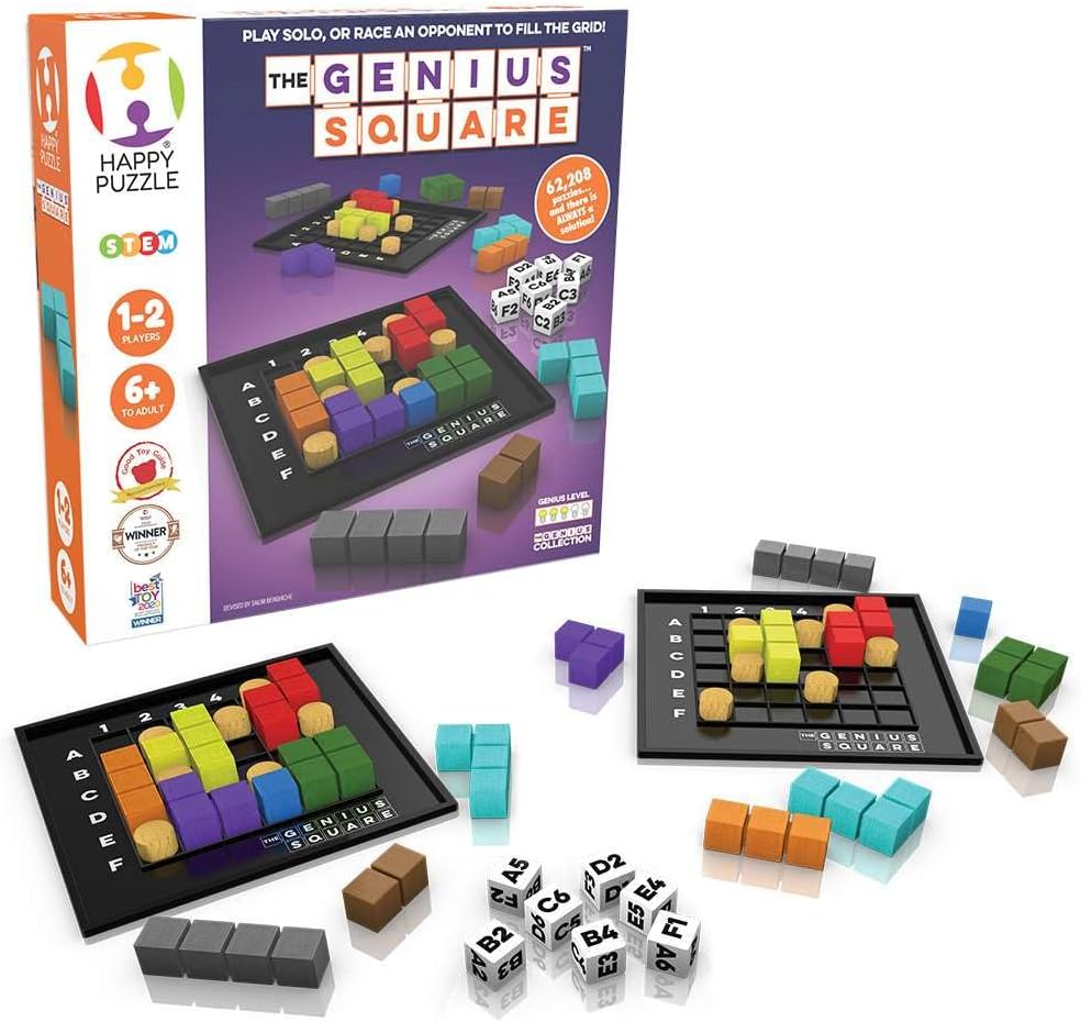 The Genius Square from The Happy Puzzle Company – Game of The Year Award Winner, 60000+ Solutions STEM Puzzle Game. Roll Dice, Race Your Opponent to Fill Grid with Different Shapes! The Genius Square from The Happy Puzzle Company – Game of The Year Award Winner, 60000+ Solutions STEM Puzzle Game. Roll Dice, Race Your Opponent to Fill Grid with Different Shapes!