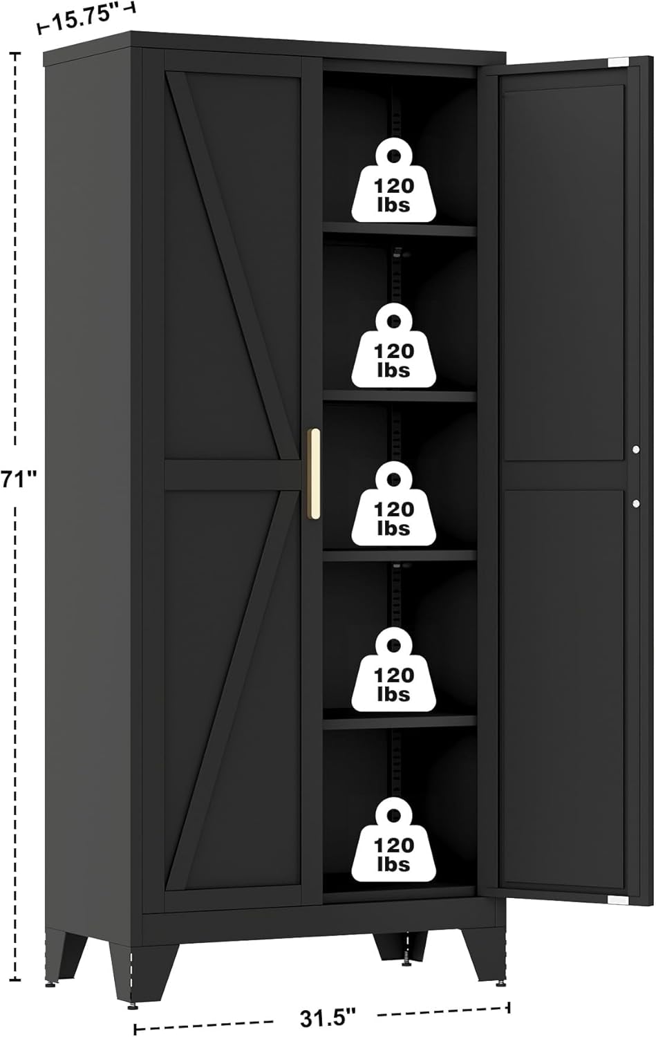 QINPTWUT 71" Storage Cabinet with Doors and Shelves, Tall Pantry Cabinet in Black with 2 Doors & 4 Adjustable Shelves, All-Steel Farmhouse Cupboard for Kitchen, Living Room,Home Office,Garage - Image 2