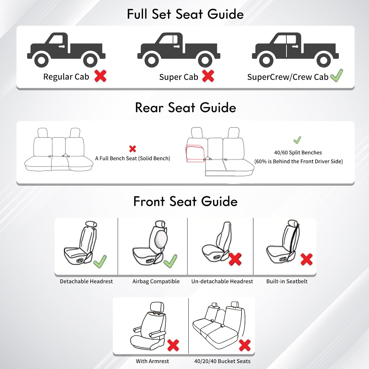 Huidasource Ford Seat Covers, Leather Pickup Seat Cushion Cover Fit for 2015-2025 Ford F150 SuperCrew & 2017-2025 F250 F350 F450 Super Duty Crew Cab XL XLT Lariat King Ranch Platinum(Full Set/Black) - Image 7