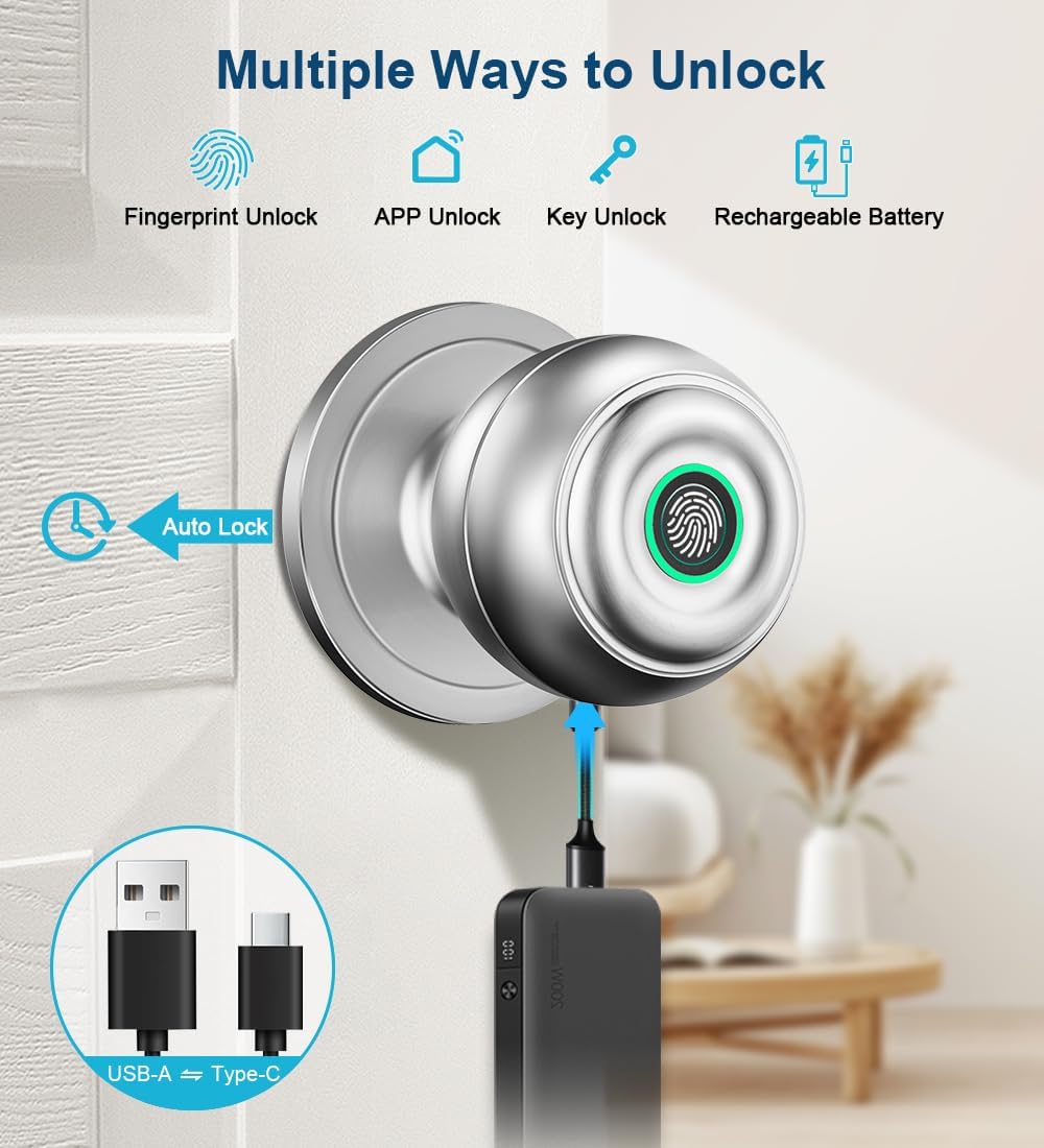 KLLOQUE Fingerprint Door Lock, Smart Fingerprint Door Knob with Lock, Biometric Door Locks with App Control & Key, Keyless Thumbprint Entry Door Locks for Bedroom, Front Door, Home, Apartment-Silver - Image 2