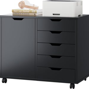 DUMOS 5 Drawer File Cabinet Office Drawers Organizer with Wheels Rolling, Under Desk Cabinets with Shelves and Door Printer Stand with Wood Board Metal Frame for Home Office Storage Craft Room, Black
