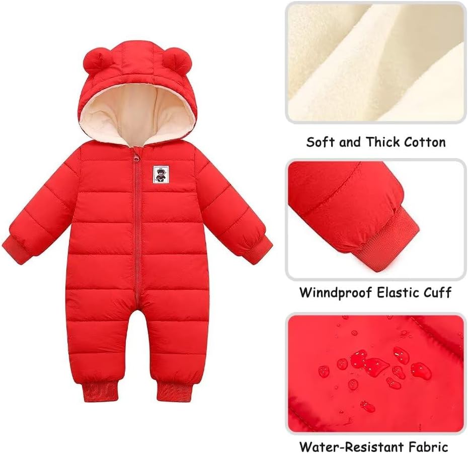 BYFRI Baby Boys Girls Snowsuit Newborn Cozy Winter Coat Infant Bear Hooded Jumpsuit Toddler Snow Outfit for 0-24 Months - Image 5