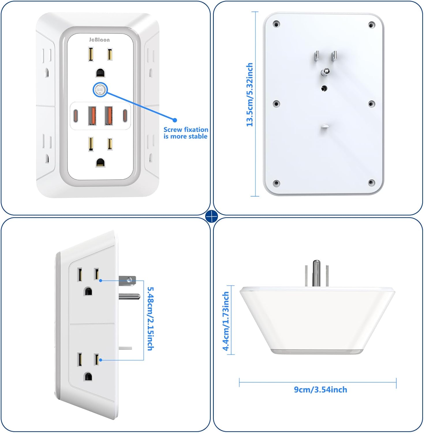 JcBlaon Outlet Extender Surge Protector - 6 Outlet Splitter with 4 USB Ports (2 USB C), Multiple Plug Expander Wall Charger, 3 Sided Multi Plug Wall Adapter Power Strip for Home Office Kitchen Travel - Image 8