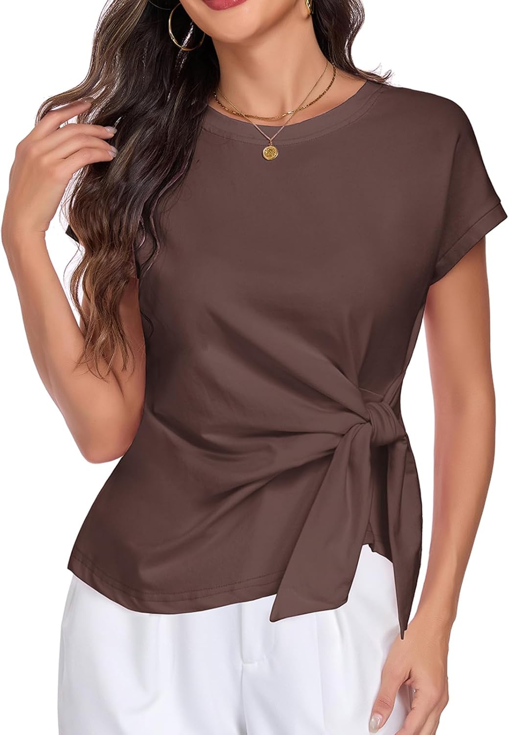 HOTIAN Womens Cap Sleeve T Shirts Tie Waist Tops Crew Neck Blouses Dressy Casual Loose Work Business Tees - Image 2