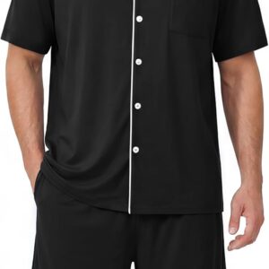 Ekouaer Mens Pajamas Set Summer Short Sleeve Button Up Pjs 2 Piece Sleepwear with Pockets S-XXXL