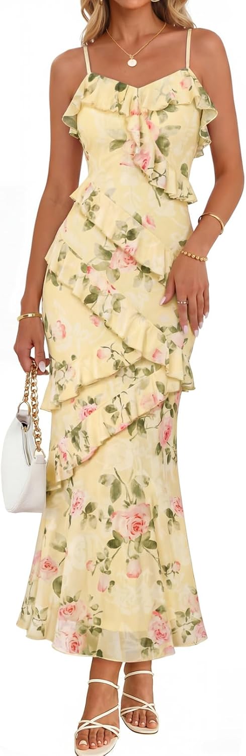 MEROKEETY Summer Floral Wedding Guest Maxi Dress Women 2026 Vacation Formal Bodycon Spaghetti Strap Cocktail Party Long Dress MEROKEETY Summer Floral Wedding Guest Maxi Dress Women 2026 Vacation Formal Bodycon Spaghetti Strap Cocktail Party Long Dress