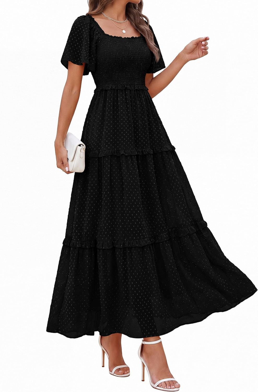 PRETTYGARDEN Summer Dresses for Women 2026 Boho Maxi Smocked Spring Wedding Guest Square Neck Short Sleeve Swiss Dot Dress - Image 7