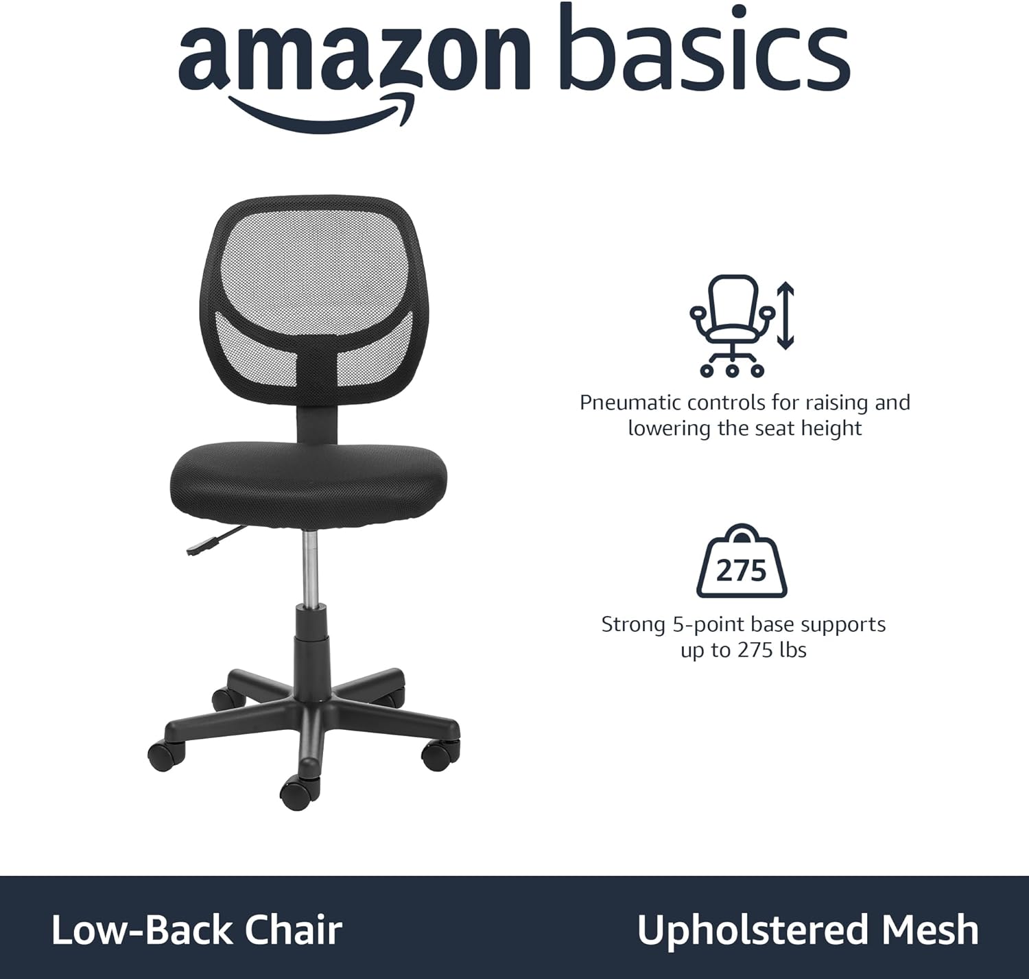 Amazon Basics Low Back Office Chair, Breathable Mesh, Height Adjustable, Padded Seat, Rolling Wheels, Swivel, Back Support, Sturdy, 21.25" D x 22.5" W x 38" H, Black - Image 4
