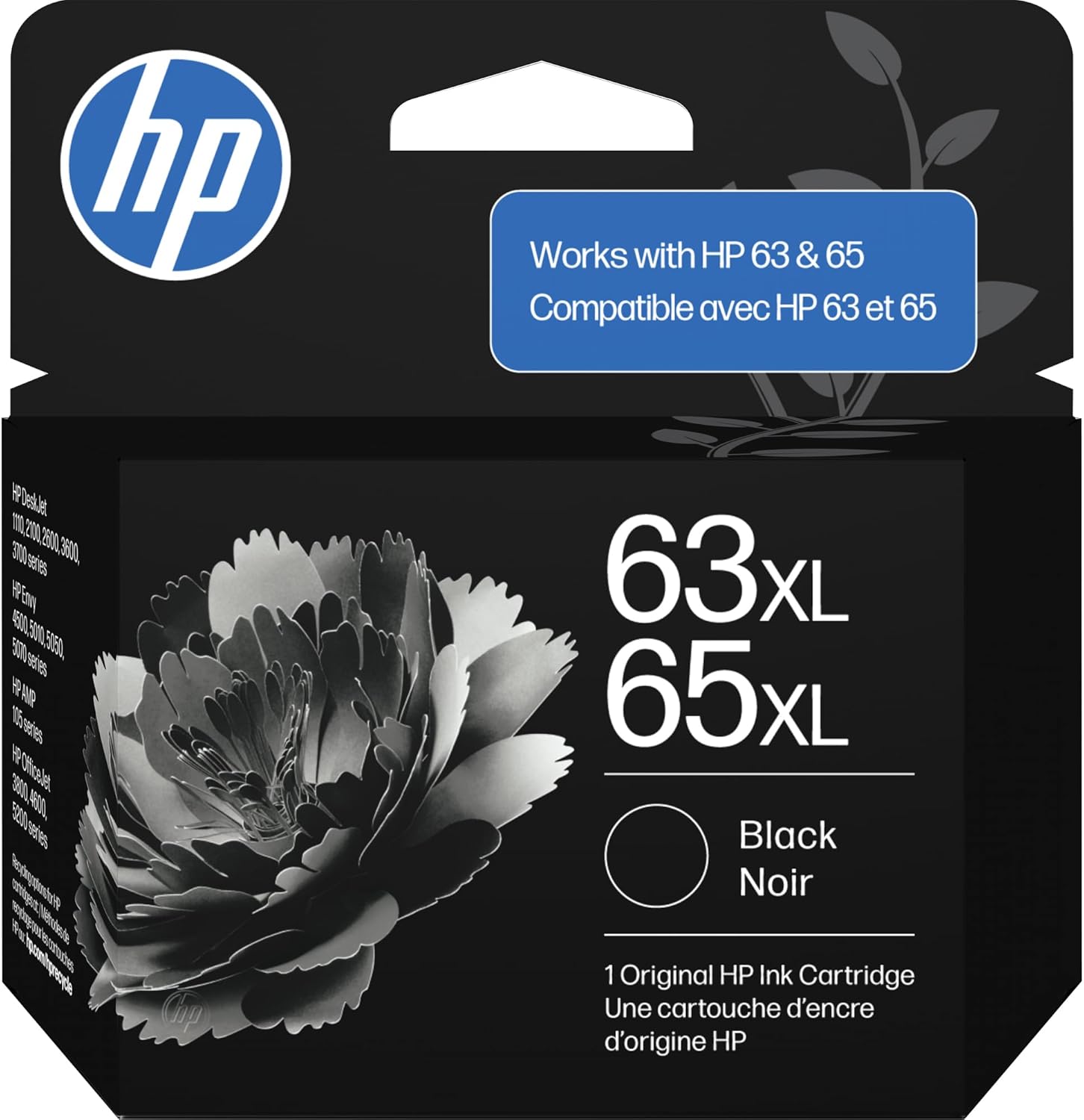 HP 63XL 65XL Black High-Yield Ink Cartridge | Works AMP; DeskJet 1100, 2100, 2600, 3600; Envy 4500, 5000; OfficeJet 3800, 4600, 5200 Series | B7RT5AN Works with Both 63 and 65 Ink