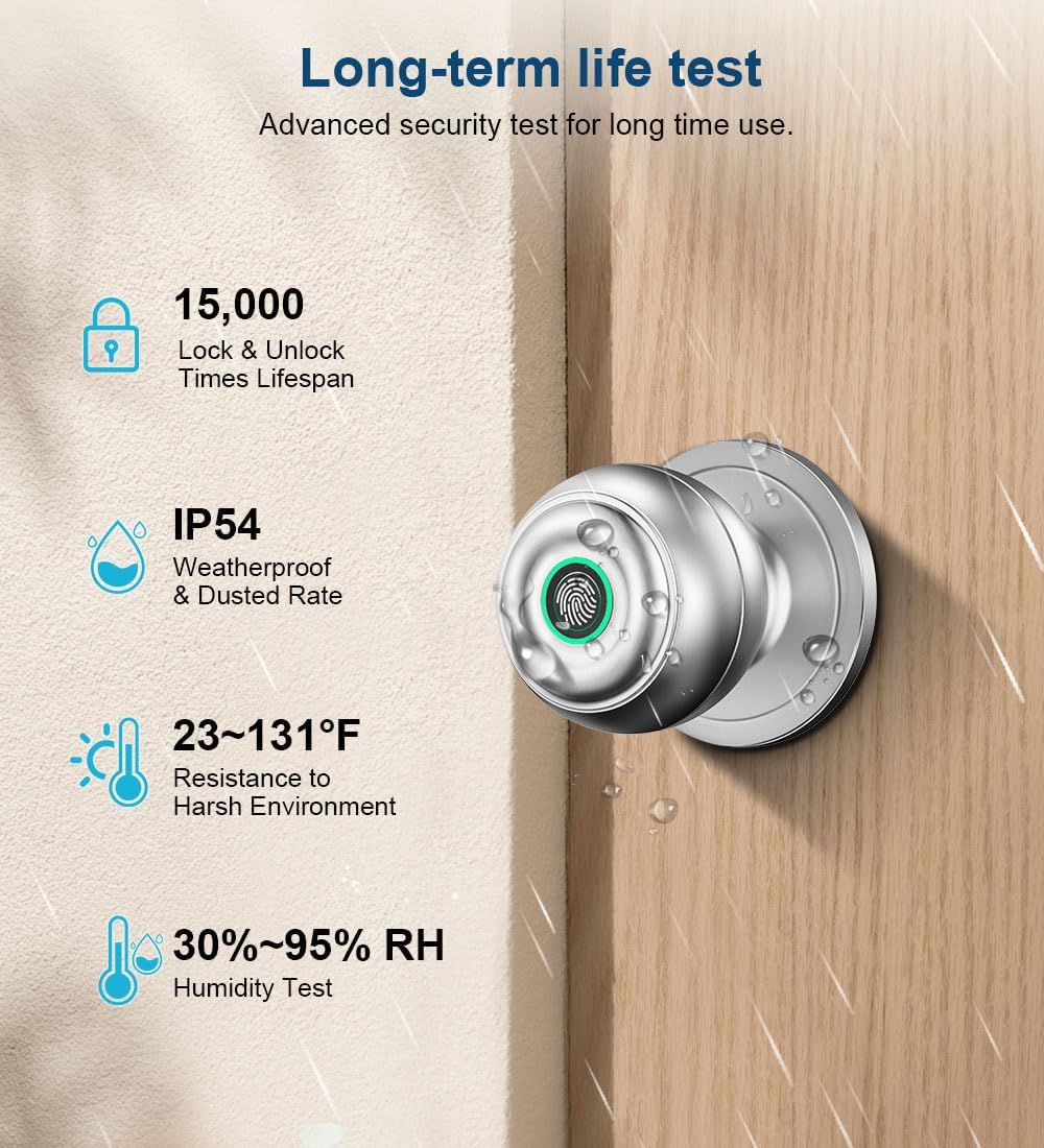 KLLOQUE Fingerprint Door Lock, Smart Fingerprint Door Knob with Lock, Biometric Door Locks with App Control & Key, Keyless Thumbprint Entry Door Locks for Bedroom, Front Door, Home, Apartment-Silver - Image 3