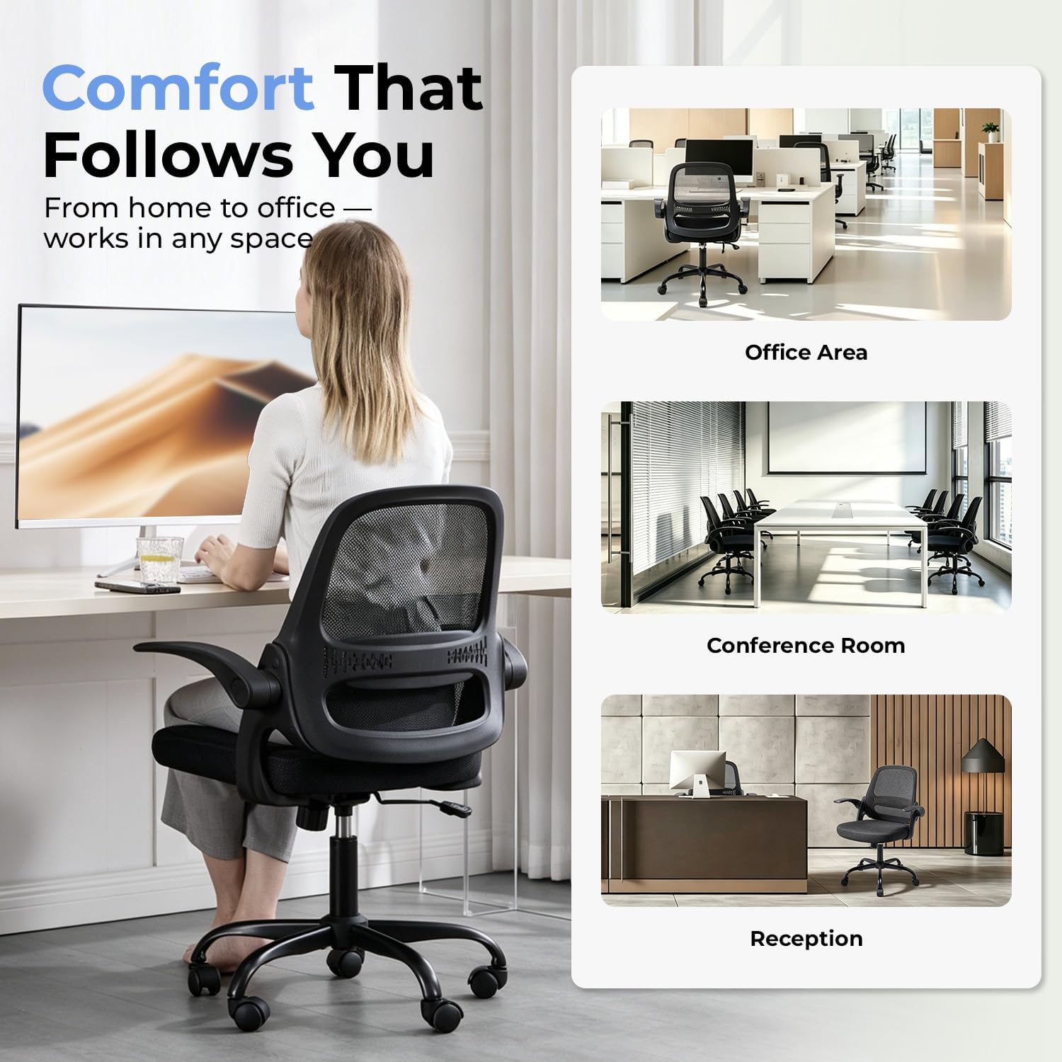 Ergonomic Mesh Office Chair for Home Office, Flip-Up Arms, Breathable Mesh Back & Thick Seat Cushion, Swivel Rolling Computer Desk Chair, BIFMA Certified, Supports 300 lbs (Black Frame/Black Seat) - Image 3