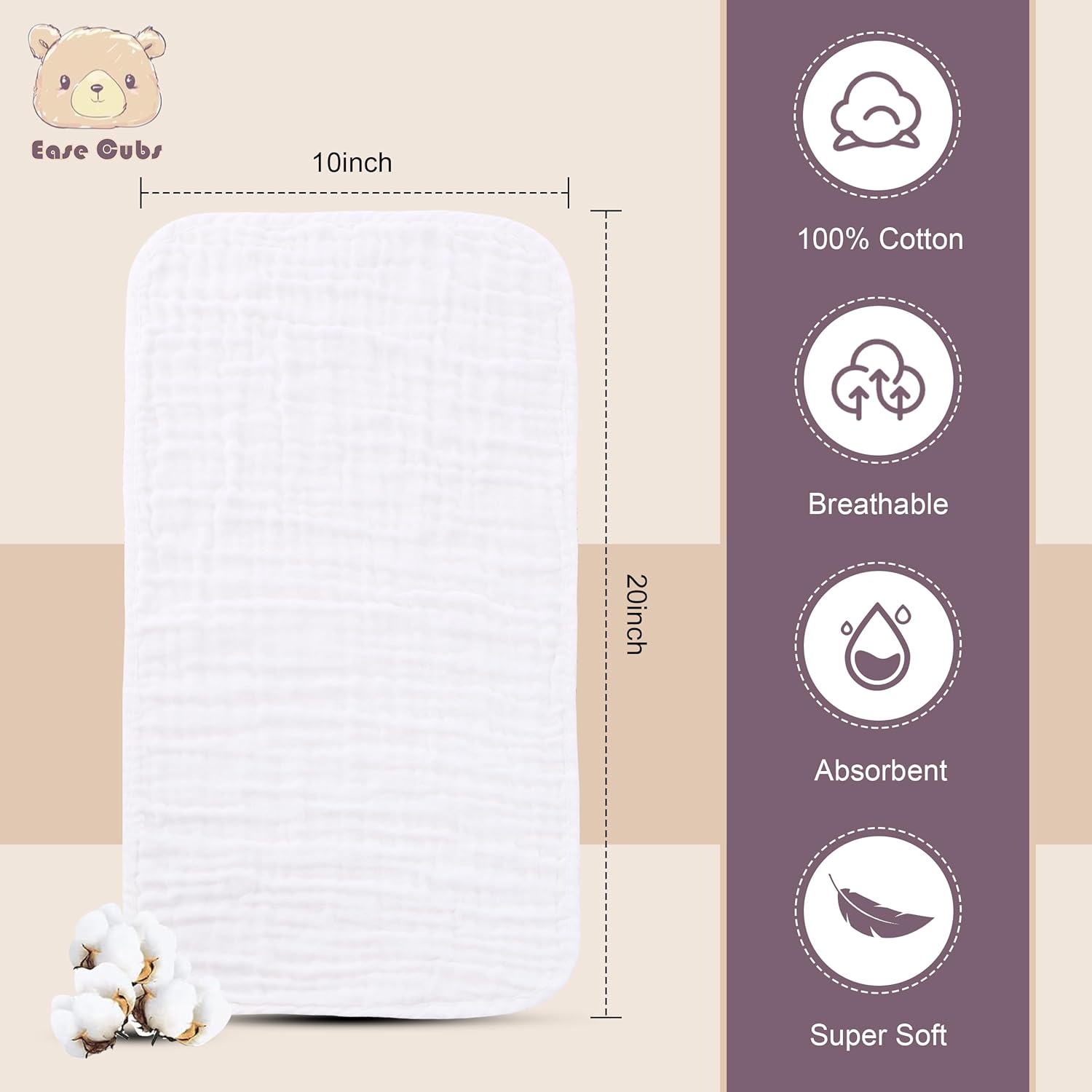 Ease Cubs Muslin Burp Cloths Large 100% Cotton Hand Washcloths for Boys & Girls, Baby Essentials Extra Absorbent and Soft Burping Rags for Newborn Registry (White & Green, 12-Pack, 20" X10") - Image 2