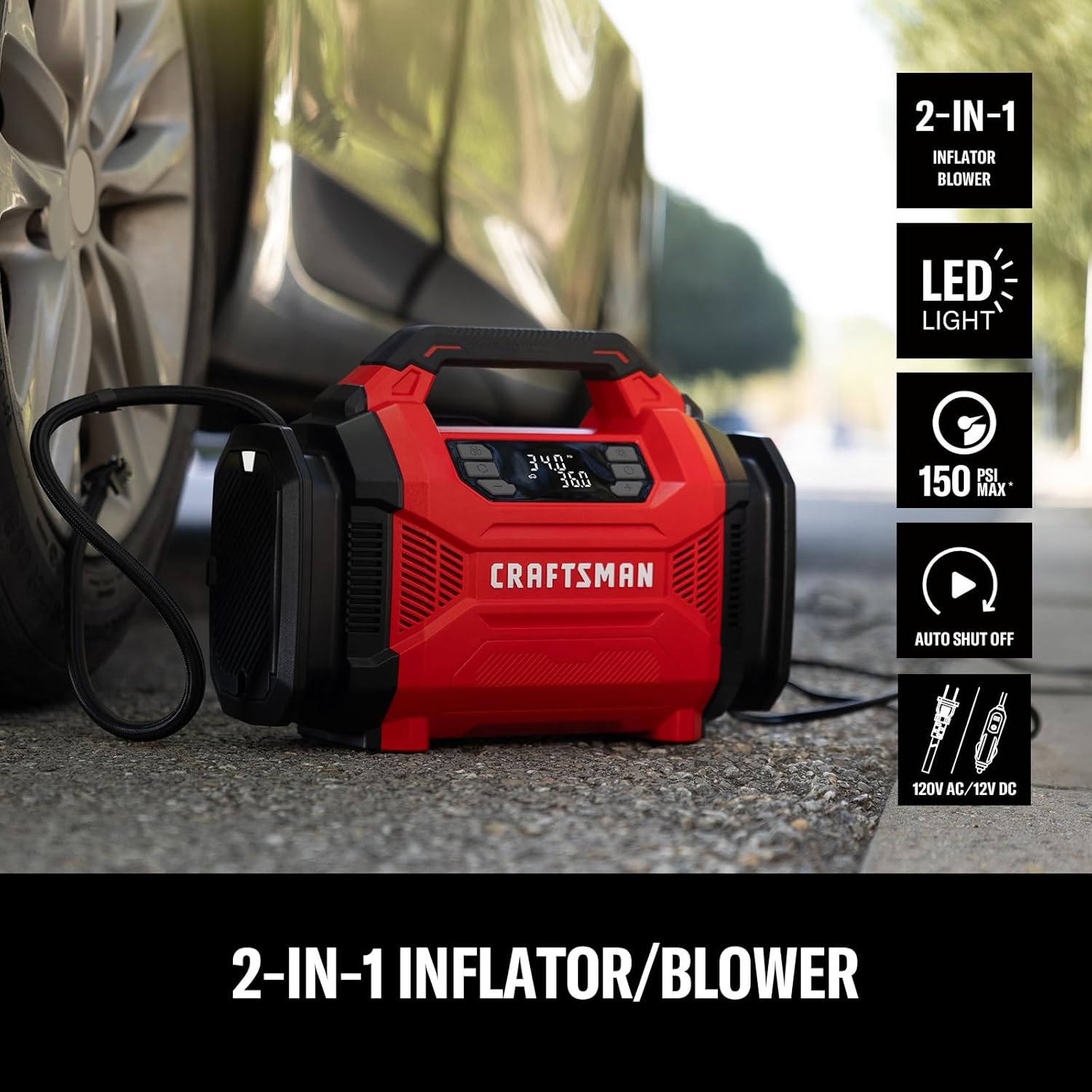 CRAFTSMAN Dual Power Tire Inflator Portable Air Compressor, 12V DC Car Plug & 120V AC Home Use, Up to 150 PSI with Digital Gauge & Auto Shut-Off, LED Light, Air Pump for Cars, Bikes & Inflatables - Image 2