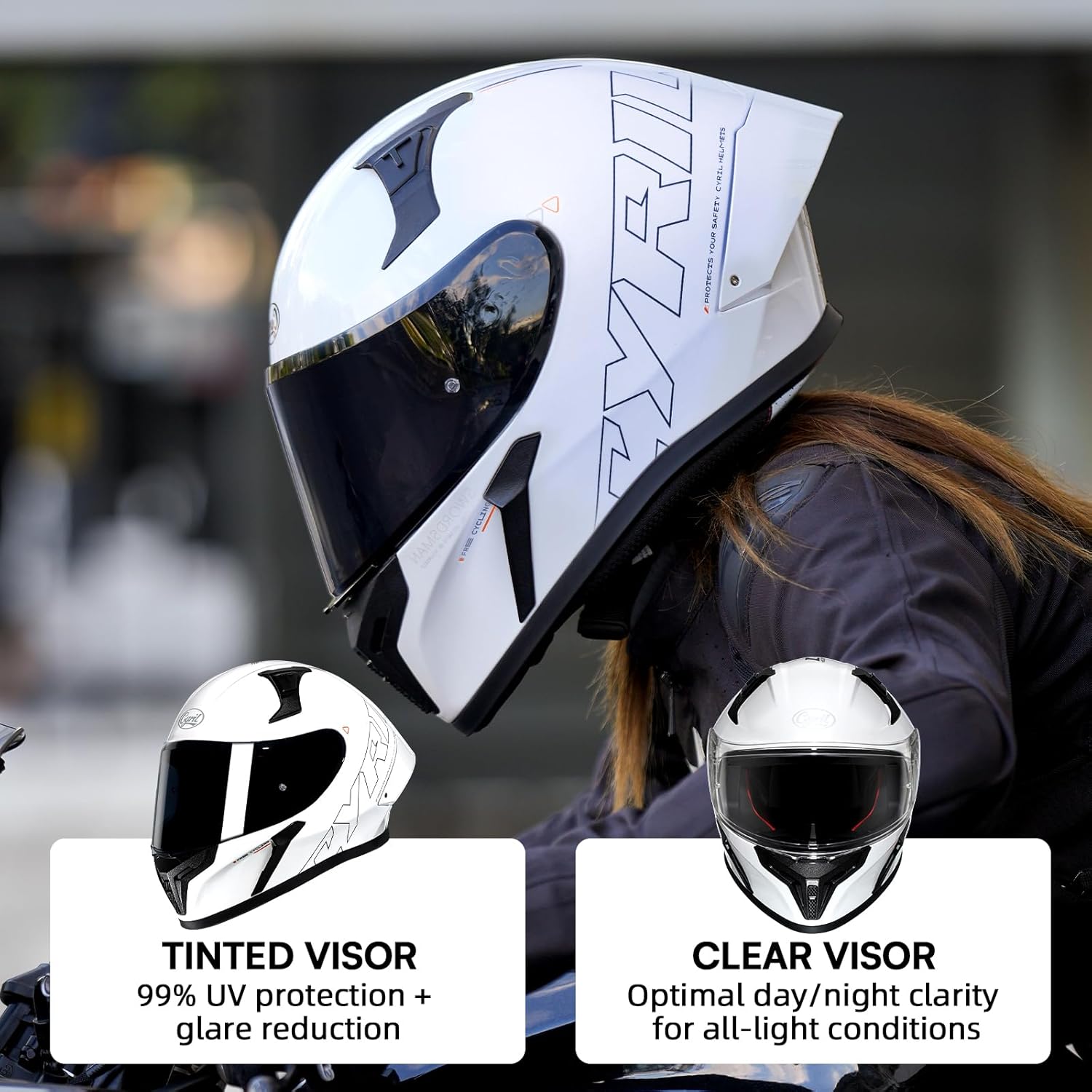 CYRIL Full Face Motorcycle Helmet DOT Approved for Adults Men Women, Motorbike Street Bike Racing Helmet with Tinted & Extra Clear Tool-Free Swappable Visors, Includes Storage Bag - Image 4