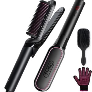 TYMO Flat Iron Hair Straightener Brush 2 in 1, 200M Ions Hair Straighteners for Women, Ceramic Straightening Hot Comb for Anti-Frizz Straights, Waves, Curl, 3X Less Heat Damage, Dual Voltage, Black