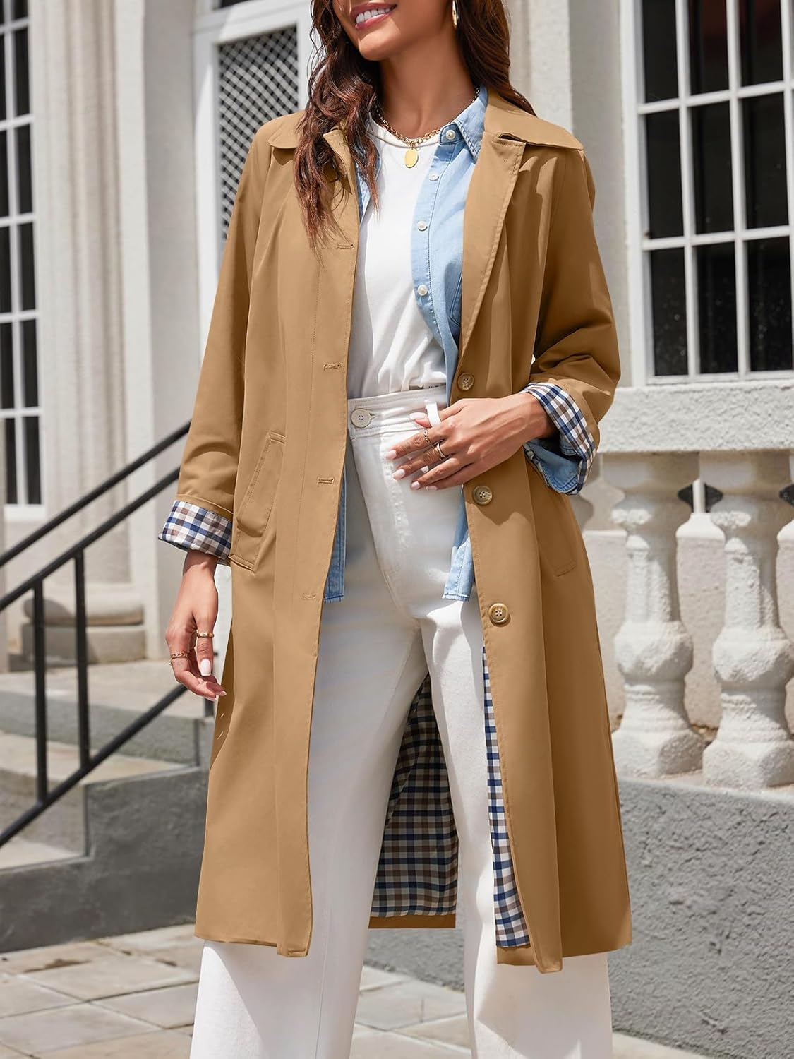 Tankaneo Womens Long Trench Coat Single Breasted Oversized Windproof Overcoat Fashion Outerwear - Image 5