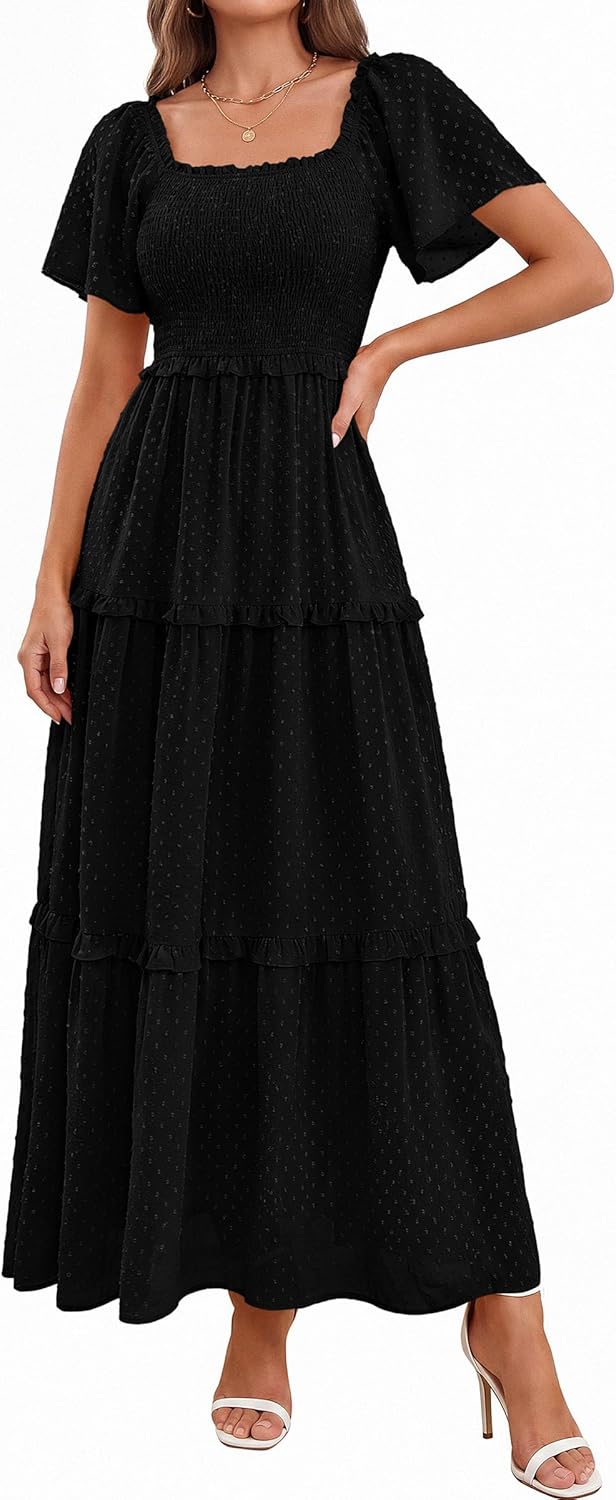 PRETTYGARDEN Summer Dresses for Women 2026 Boho Maxi Smocked Spring Wedding Guest Square Neck Short Sleeve Swiss Dot Dress - Image 4