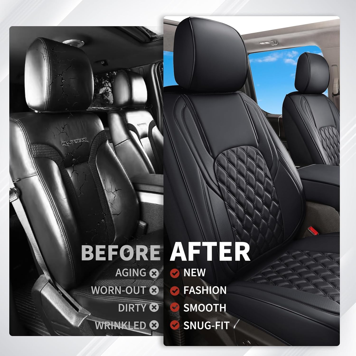 Huidasource Ford Seat Covers, Leather Pickup Seat Cushion Cover Fit for 2015-2025 Ford F150 SuperCrew & 2017-2025 F250 F350 F450 Super Duty Crew Cab XL XLT Lariat King Ranch Platinum(Full Set/Black) - Image 9