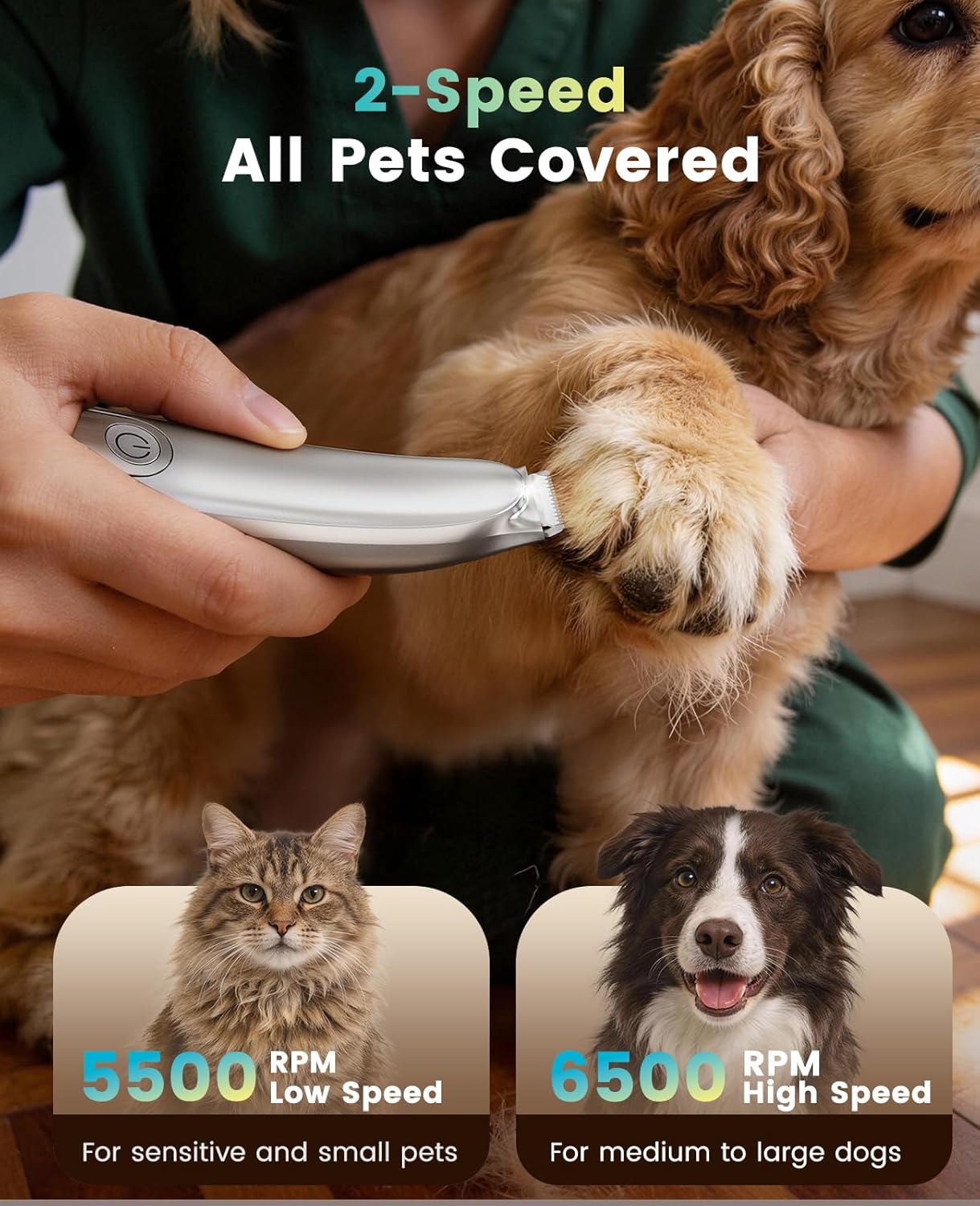 oneisall Dog Paw Trimmer, 2-Speed Up to 6500 RPM, 35dB Low-Noise Safe Pet Paw Trimmers with Curved Blade and LED Light, Cordless Pet Grooming Paw Clipper for Dogs, Cats, Paws, Ears, Face, Rump - Image 3