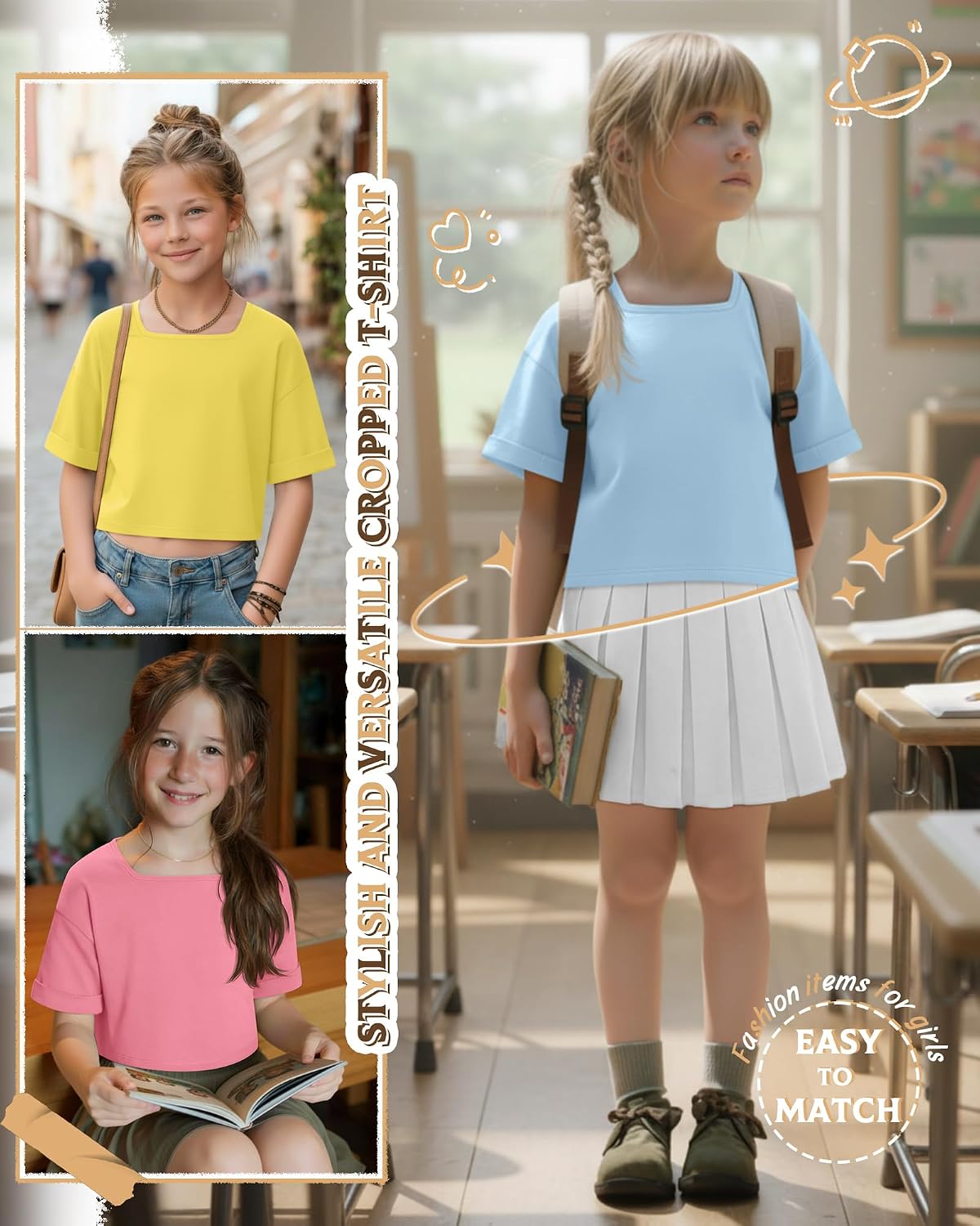 3 Pack Girls' Crop Tops Kids Oversized Short Sleeve T-Shirts Loose Square Neck Shirts Rolled Cuff Athletic Tees - Image 5