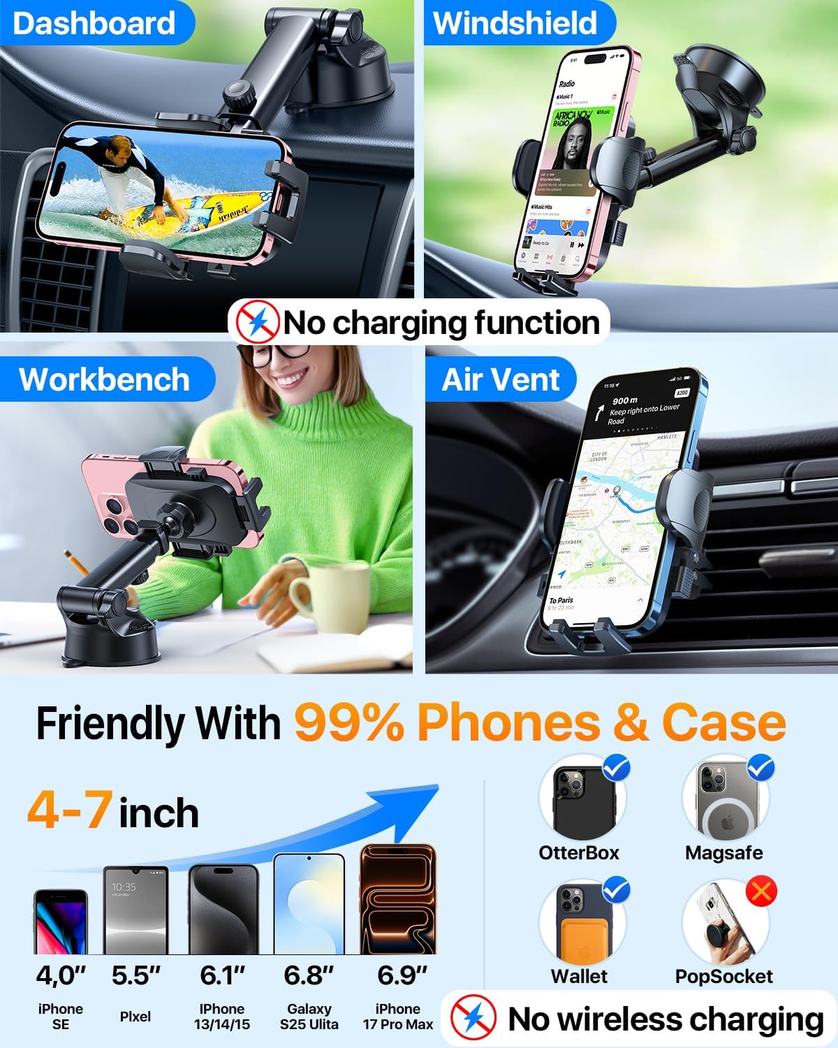HTU Car Phone Holder【2026 Upgraded 100+LBS Suction & Safety Cert】 Cell Phone Car Mount for Truck Heavy Duty Phone Holder for Dashboard/Windshield/Vent for iPhone 17 16 Pro Max, Dark Black - Image 5