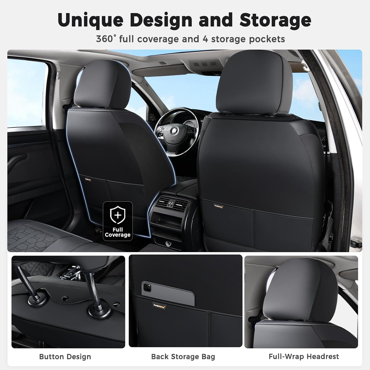 Huidasource Black Leather Seat Covers, Car Seat Cover Front and Back Seats Full Set, 360° Full Wrap Seat Cushion Covers Protector 5 Seats Universal Fit for Most Cars SUV Trucks - Image 6
