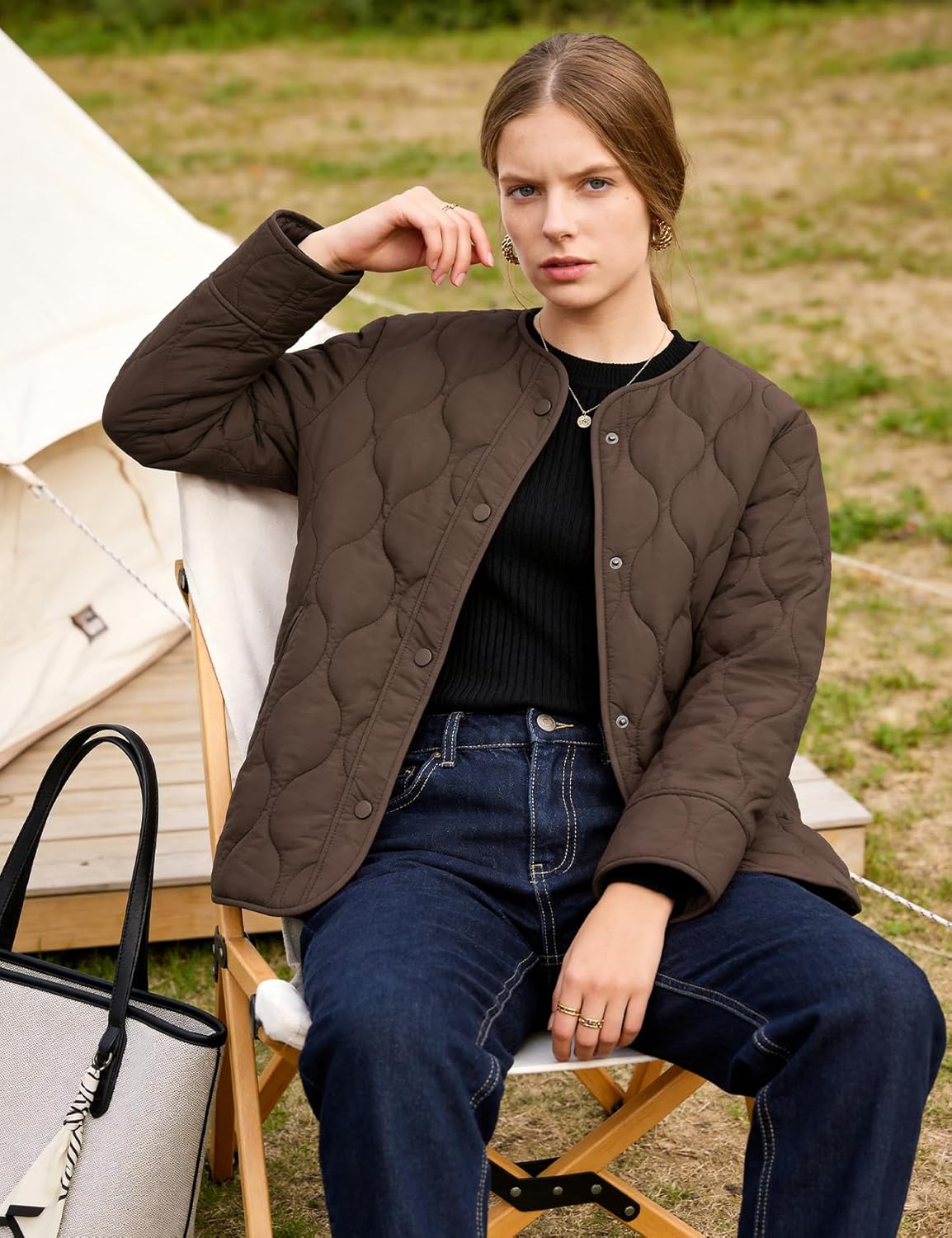 Flygo Women's Oversized Quilted Lightweight Jacket Button Down Puffer Padded Outerwear with Pocket - Image 5