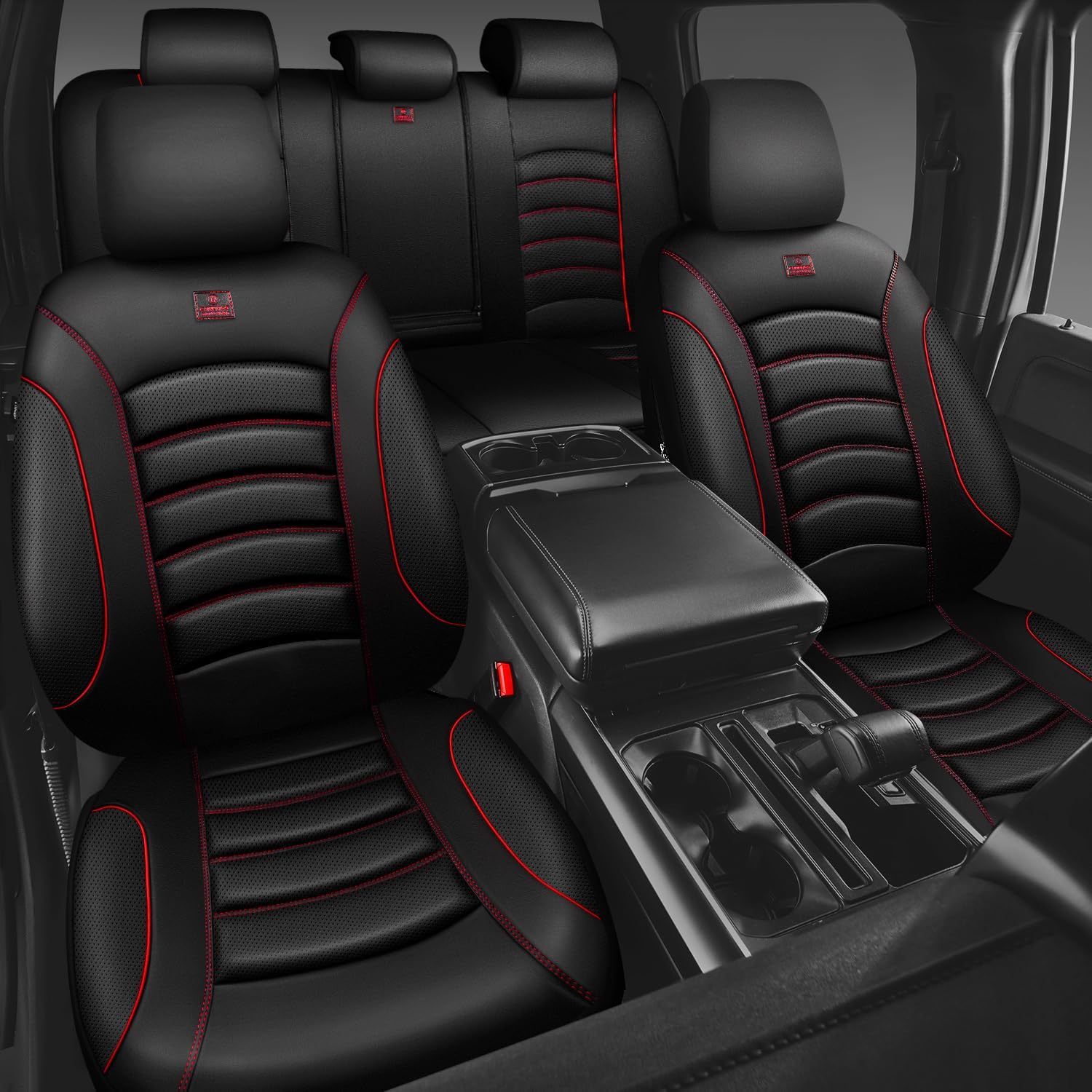 CAR PASS 3D Foam PU Leather Car Seat Covers, Universal Seat Covers Full Sets for Trucks SUV Sedan Automotive Seat Covers Armrest Airbag Compatible Waterproof Comfortable Faux Nappa Leather Black Red - Image 2