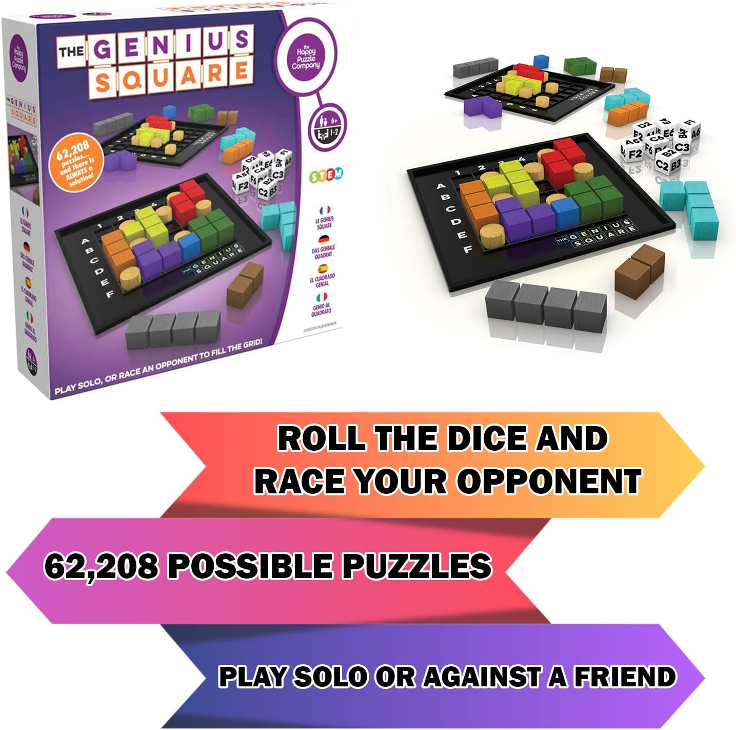 The Genius Square from The Happy Puzzle Company – Game of The Year Award Winner, 60000+ Solutions STEM Puzzle Game. Roll Dice, Race Your Opponent to Fill Grid with Different Shapes! - Image 4