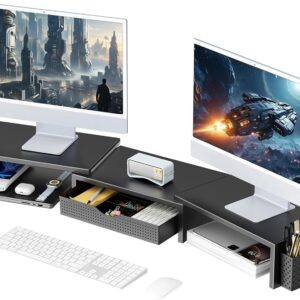 gianotter Dual Monitor Stand Riser, Desk Organizer With Drawer and 2 Pen Holders, Computer Monitor Stand, Desk Shelf for Top of Desk (Black)