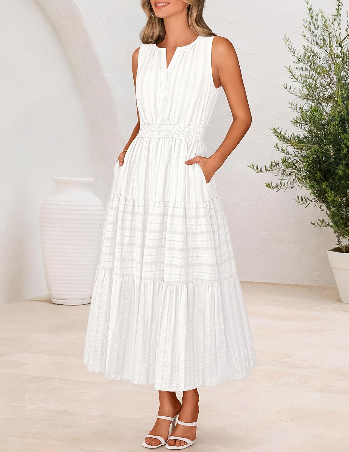 MEROKEETY Womens Summer Casual Midi Maxi Dress 2026 Beach Vacation Sleeveless Boho V Neck Cotton Modest Long Dresses Pockets - Image 8