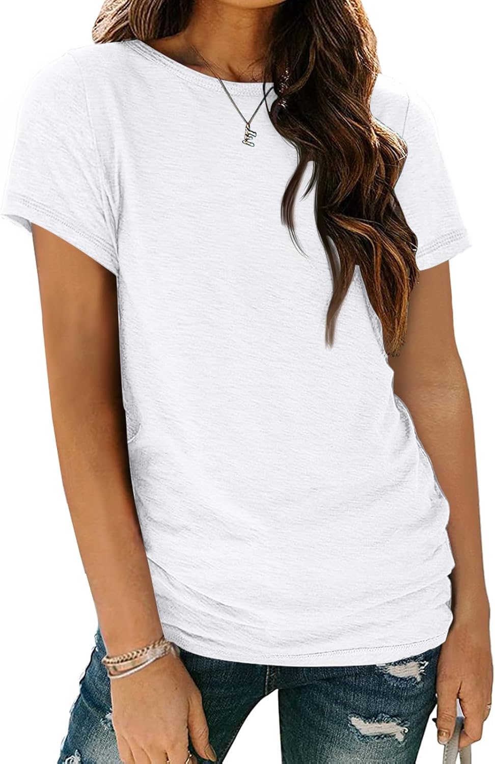 AUTOMET Women's Casual Shirt Soft Short Sleeve Round Neck Spring Summer Tops
