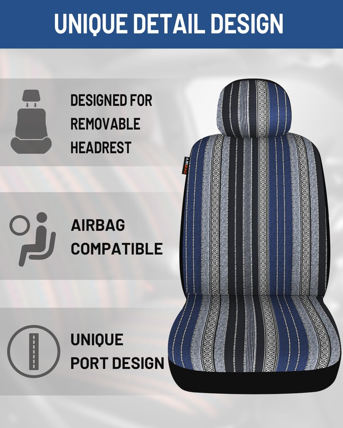 Baja Saddle Blanket Car Seat Covers Front Set with Seat Belt Pads, Washable Breathable Striped Woven Cloth Seat Covers for Cars, SUV, Truck, Airbag Compatible(Blue) - Image 5