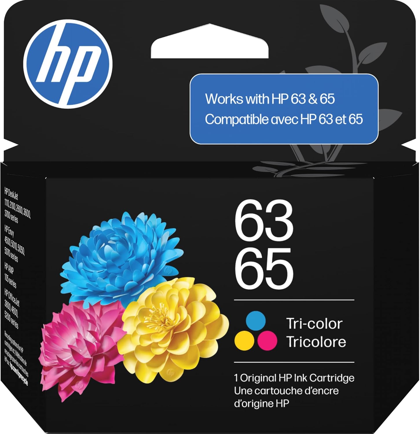 HP 63 65 Tri-Color Ink Cartridge | Works AMP; DeskJet 1100, 2100, 2600, 3600; Envy 4500, 5000; OfficeJet 3800, 4600, 5200 Series | B7RT2AN. Works with Both 63 and 65 Ink. HP 63 65 Tri-Color Ink Cartridge | Works AMP; DeskJet 1100, 2100, 2600, 3600; Envy 4500, 5000; OfficeJet 3800, 4600, 5200 Series | B7RT2AN. Works with Both 63 and 65 Ink.
