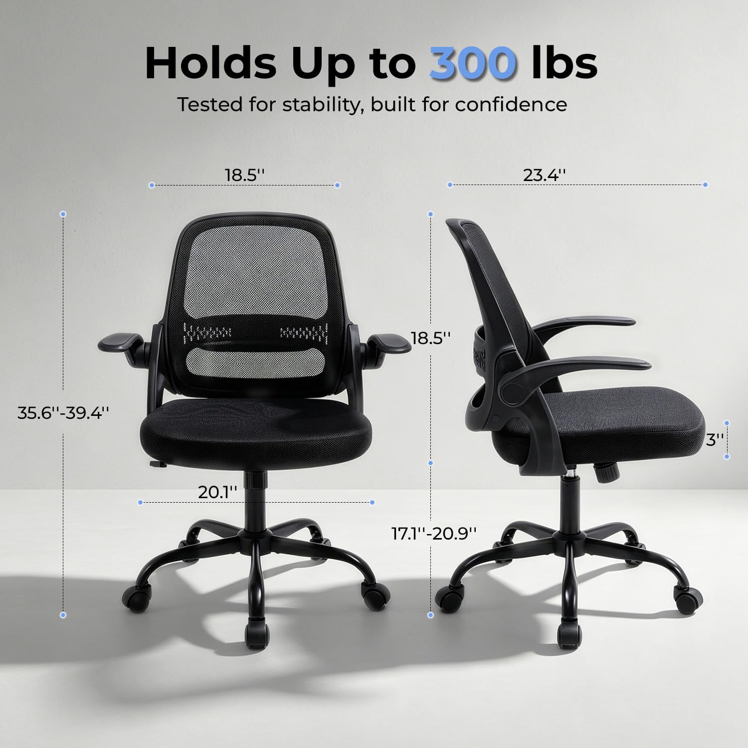 Ergonomic Mesh Office Chair for Home Office, Flip-Up Arms, Breathable Mesh Back & Thick Seat Cushion, Swivel Rolling Computer Desk Chair, BIFMA Certified, Supports 300 lbs (Black Frame/Black Seat) - Image 2