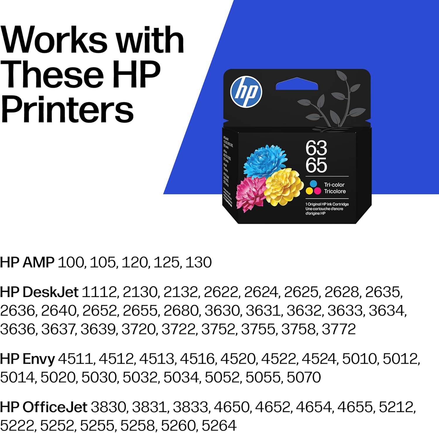 HP 63 65 Tri-Color Ink Cartridge | Works AMP; DeskJet 1100, 2100, 2600, 3600; Envy 4500, 5000; OfficeJet 3800, 4600, 5200 Series | B7RT2AN. Works with Both 63 and 65 Ink. - Image 2