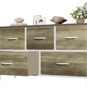 OLIXIS Dresser for Bedroom with 5 Drawers, Wide Chest of Drawers, Fabric Bedroom Dresser with Drawer Organizer, Storage Organizer Unit with Fabric Bins for Closet, Living Room, Hallway, Greige Oak
