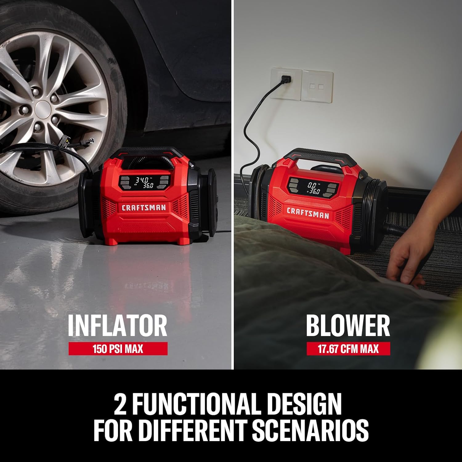 CRAFTSMAN Dual Power Tire Inflator Portable Air Compressor, 12V DC Car Plug & 120V AC Home Use, Up to 150 PSI with Digital Gauge & Auto Shut-Off, LED Light, Air Pump for Cars, Bikes & Inflatables - Image 3